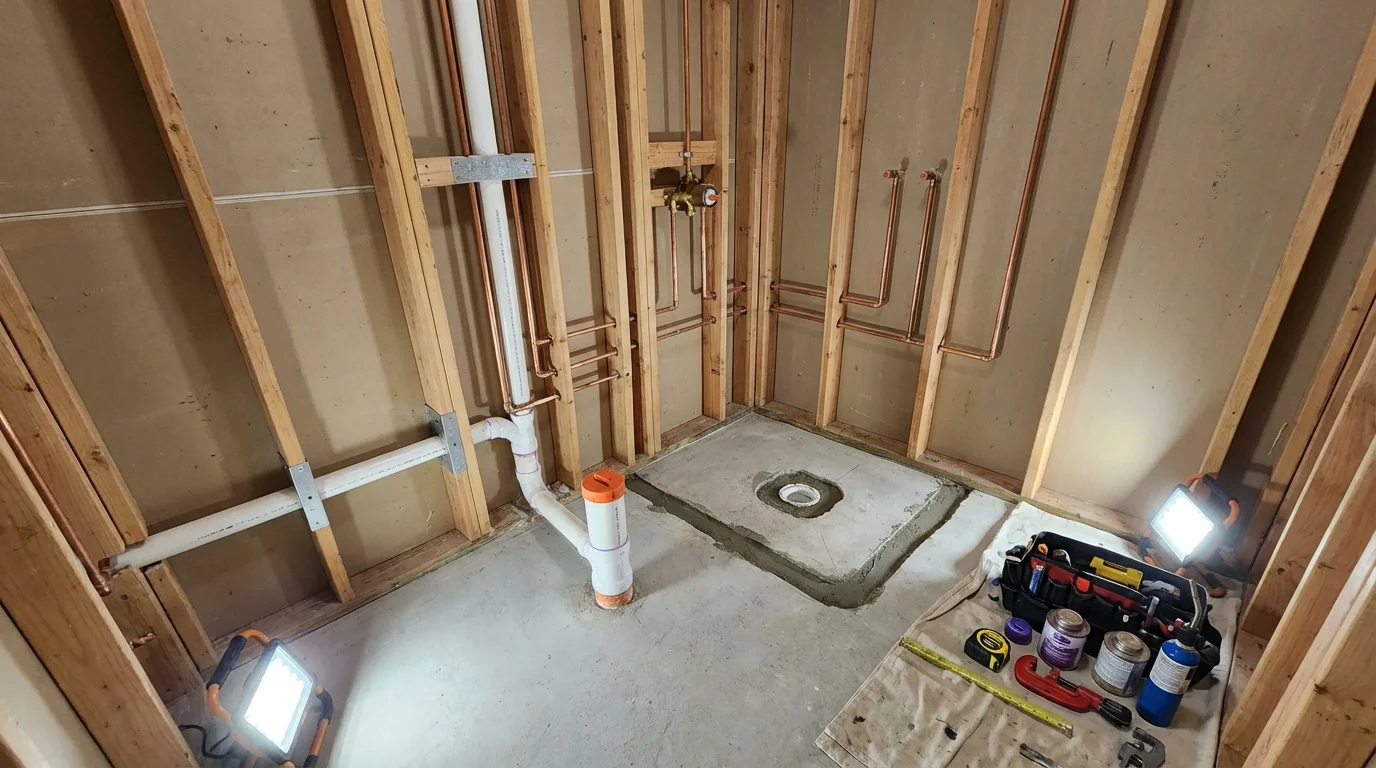 Bathroom rough-in plumbing during remodel by Johns Plumbing LLC in Absecon