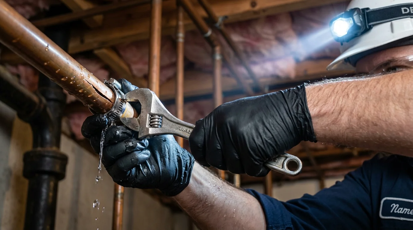 Emergency pipe clamp repair being performed by a Johns Plumbing LLC plumber in Absecon
