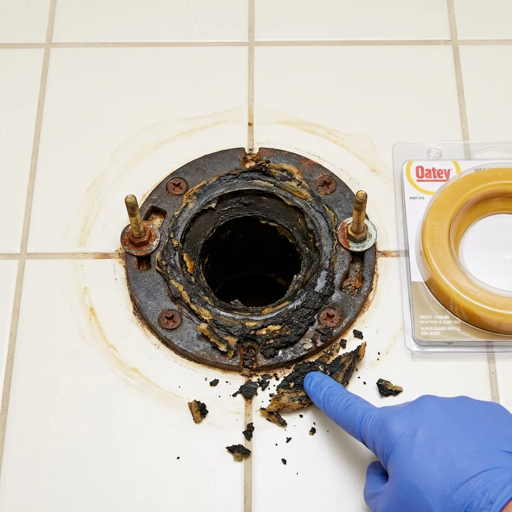 Failed wax ring showing water seepage at the base of a toilet in a Absecon, NJ home