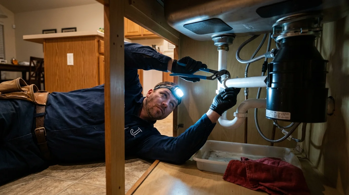 P-trap and supply line connections under a kitchen sink showing a common leak point in Absecon, NJ